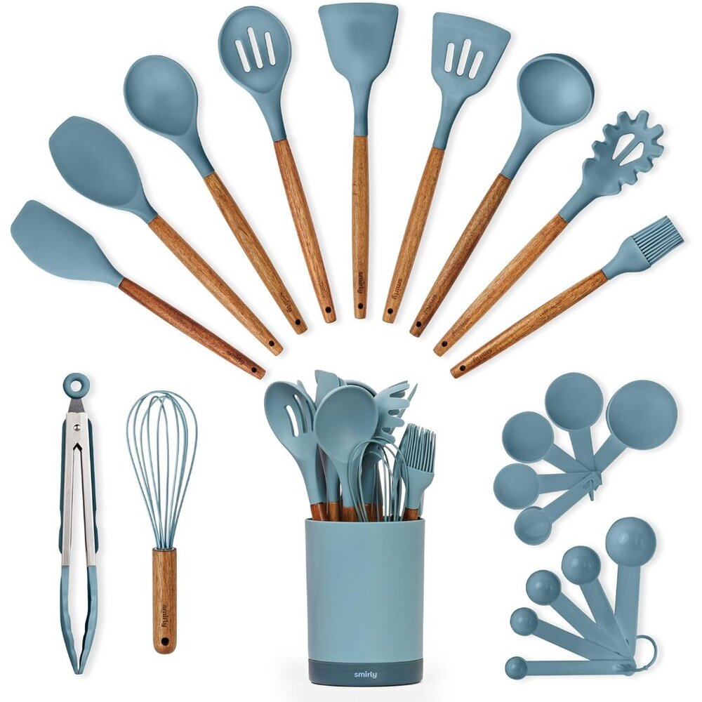 New 22-Piece Kitchen Utensils Set, Silicone Cooking Tools with Wooden Handles